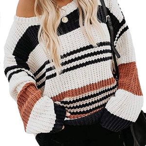 Women's Long Sleeve Crew Neck Striped Color Block Casual Loose Knitted Pullover